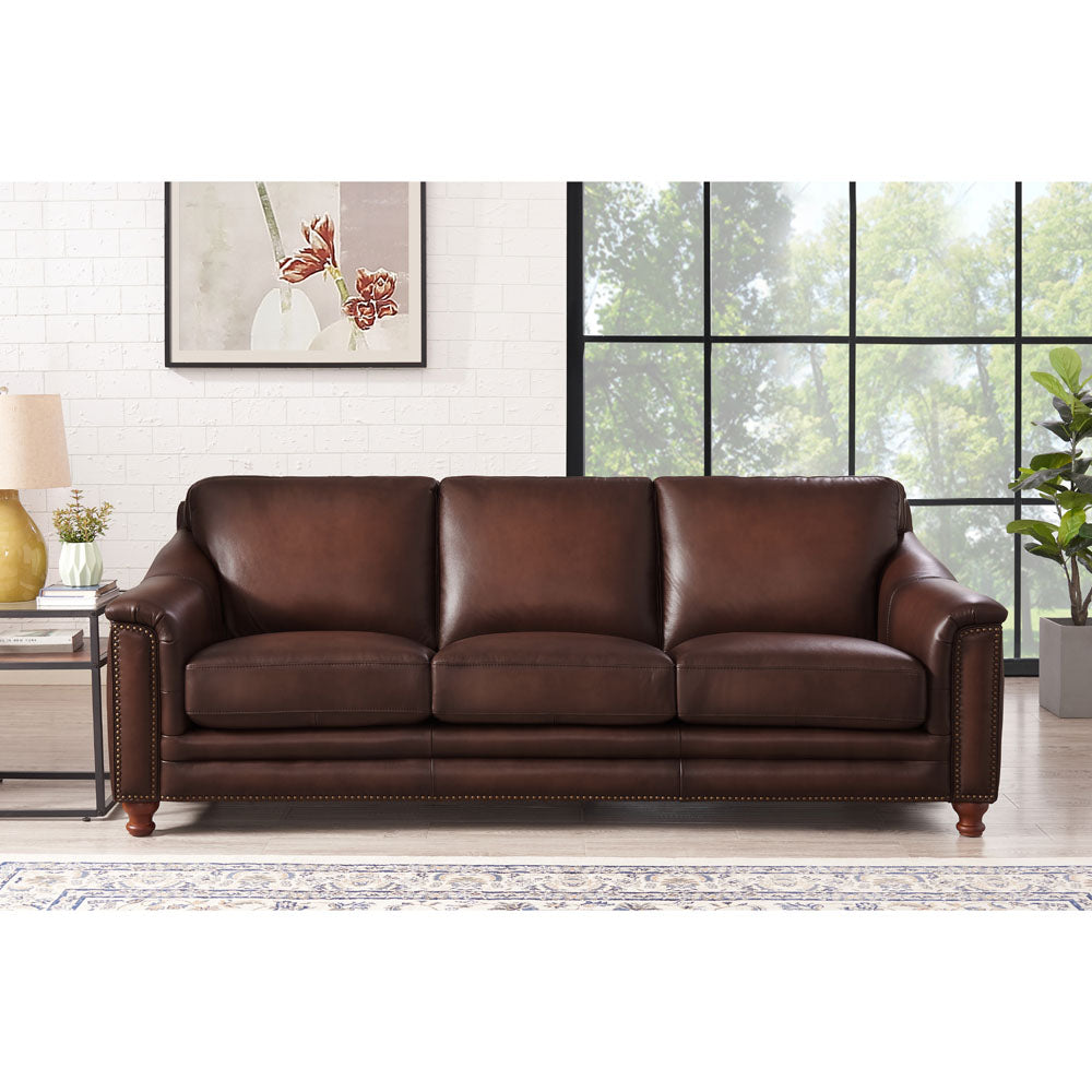 English Elm Belfast Curved Top Grain Leather Sofa with Tufted Sides, Nailhead Trim & Sloping Arms — Elegant Seating B2705P326228