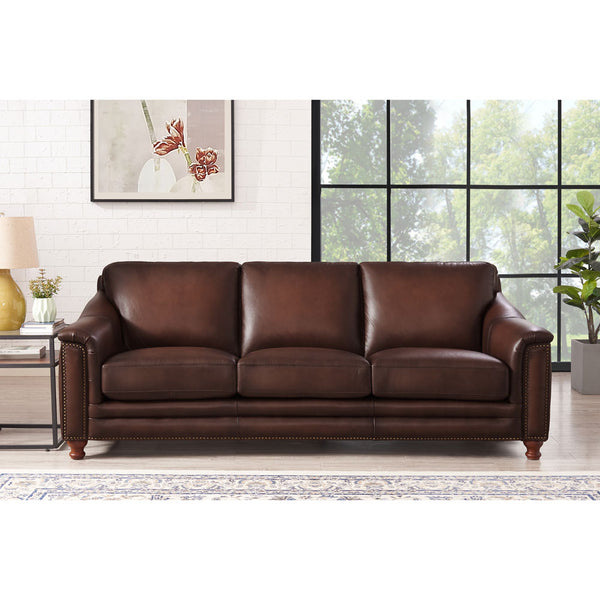 English Elm Belfast Curved Top Grain Leather Sofa with Tufted Sides, Nailhead Trim & Sloping Arms — Elegant Seating B2705P326228