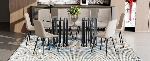 English Elm Table and Chair Set Oval Tempered Glass Seats 8 Light Luxury Dining Room W1151S04751