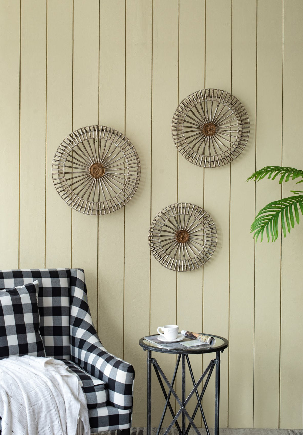 English Elm Set of 3 Jennings Metal Discs Decorative Wall Shields with Floral Medallion Center for Mantel Decor W2078P318076