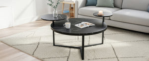English Elm Modern round coffee table with black faux marble top, tripod metal base and two display shelves, sleek storage flair N735P177472B