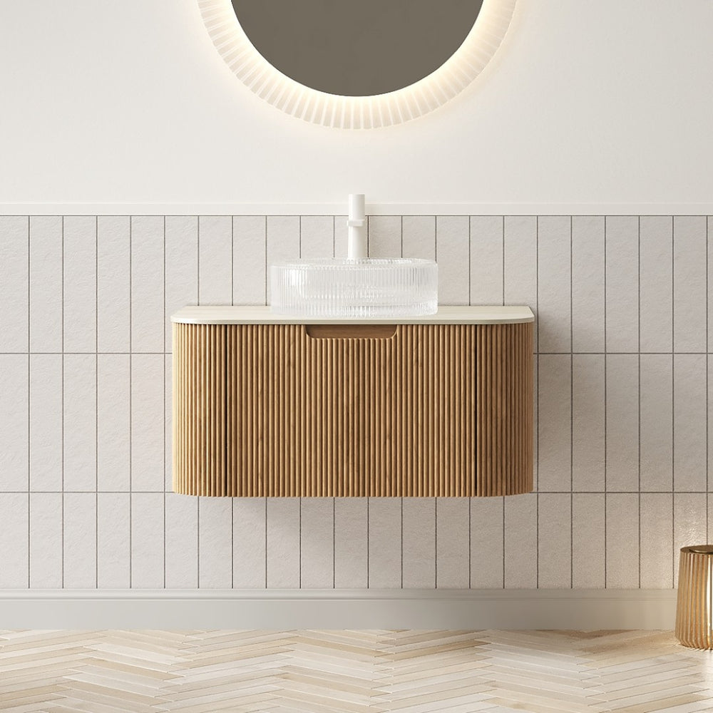 English Elm Muri Floating Bathroom Vanity Plywood Cabinet Sintered Stone Top Oak Drawer Beige,Natural Wood,Transparent W2615S00350