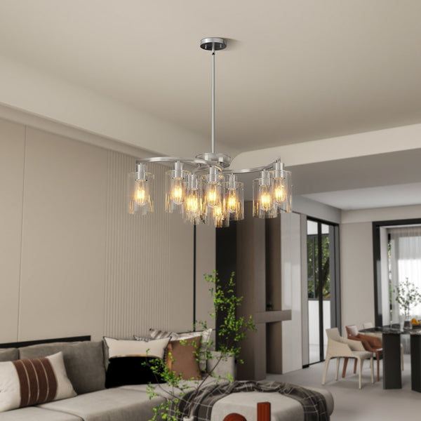 English Elm 9-Light Modern Farmhouse Chandelier with Clear Glass Shades, Adjustable Height, Industrial Iron Fixture Chrome W2312P374988
