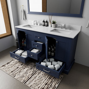 English Elm Navy Blue Double Bath Vanity Set With White Quartz Top & 58-Inch Mirror For Elegant Bathroom Style B2731S00659