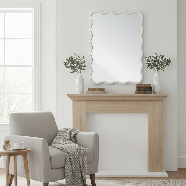 English Elm White 30"x40" Wavy Rectangle Solid Wood Frame Mirror - Tempered Glass, Rustic Chic Wall Decor for Entryway W2203P389066