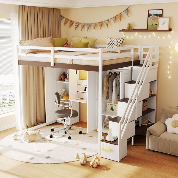 English Elm Full Size Teen Loft Bed with Wardrobe Staircase Storage Dressing Table and Led Lights LT000276AAP