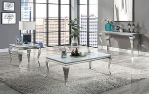 English Elm Glam Stainless Steel Coffee Table with Beveled Tempered Glass Top and Elegant Cabriole-Style Legs Silver,White 55 L x 30 W x 4 H B011S01176