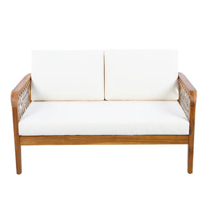 English Elm Outdoor Acacia Wood Loveseat Set with Woven Rope Detail and Slatted Coffee Table Cream,Oatmeal,Teak N768P363954T