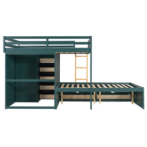 English Elm Full Size Bunk Bed with Integrated Drawers Wardrobe Mdf Solid Wood Kids Storage Green LT000463AAG