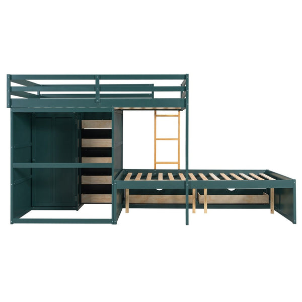English Elm Full Size Bunk Bed with Integrated Drawers Wardrobe Mdf Solid Wood Kids Storage Green LT000463AAG