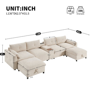 English Elm 136'' Modular Sectional Sofa with Console, USB Charger, Cup Holders, Movable Storage Ottoman, Oversized Chenille U-Shaped Lounge Beige N723S8777A