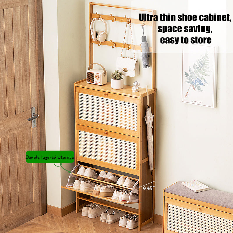 English Elm Shoe Bamboo 3-Drawer Rattan Flip Shoe Cabinet with 8 Hooks, Anti-Tip Entryway Storage Organizer W2641P381049