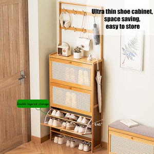 English Elm Shoe Bamboo 3-Drawer Rattan Flip Shoe Cabinet with 8 Hooks, Anti-Tip Entryway Storage Organizer W2641P381049