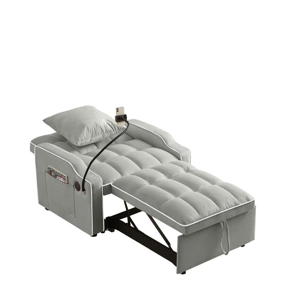 English Elm Sleeper Sofa Chair Velvet Convertible Armchair with Usb Charging for Small Spaces Gray W1359P458676