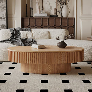 English Elm 47'' Oval Storage Coffee Table Fluted Wood Veneer Lift Lid Sculptural Living Room Accent Natural Wood W1435P293222