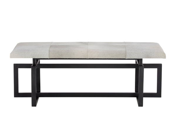 Sunpan Pilar Bench - Handcrafted Cowhide Seating with Stylish Black Iron Frame for Elegant Transitional Spaces Grey