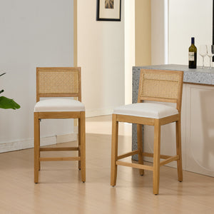 English Elm Full Solid Wood Rattan-Back Bar Stools Set Of 2 - Stylish Beige Cushions For Rustic Kitchen & Café W1143P384367