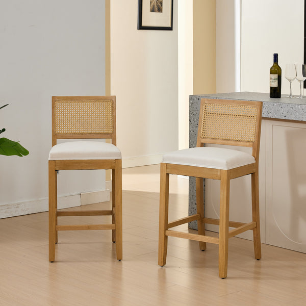 English Elm Full Solid Wood Rattan-Back Bar Stools Set Of 2 - Stylish Beige Cushions For Rustic Kitchen & Café W1143P384367