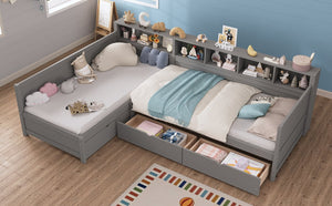 English Elm Twin Corner Daybed with Storage Drawers Bookshelf Wood L-shape Frame for Small Rooms Grey N733S369272E