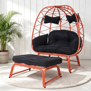 English Elm Double Egg Chair with Ottoman Pe Rattan Wicker Two Person Outdoor Patio Lounge Set T5880P501488