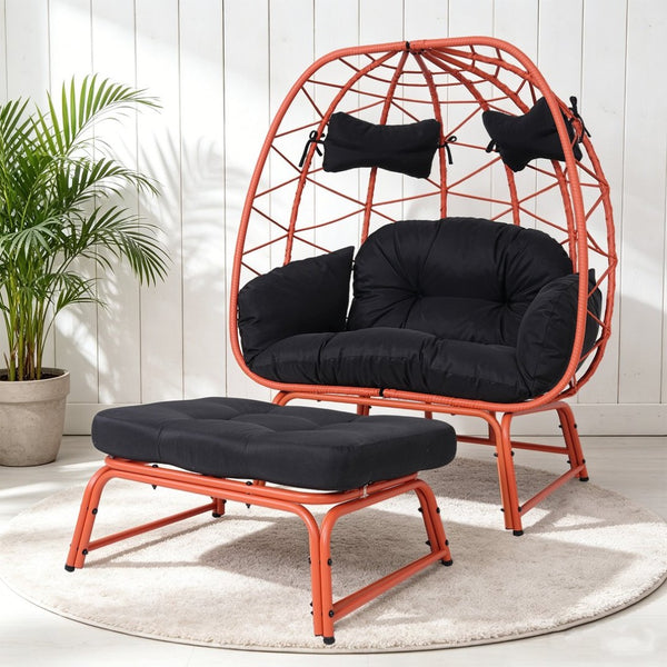 English Elm Double Egg Chair with Ottoman Pe Rattan Wicker Two Person Outdoor Patio Lounge Set T5880P501488