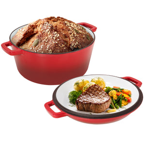 English Elm Enamel Cast Iron Dutch Oven 6QT with 2QT Lid — Versatile 2-in-1 Stew Pot and Frying Pan Set for Home Cooking Red T3950P391585