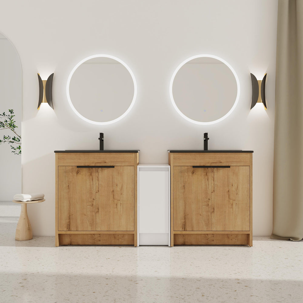 English Elm 72 Inch Freestanding Bathroom Vanity With Black Ceramic Sink, Soft-Close Doors & Ample Storage W999S00324