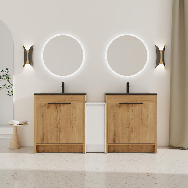 English Elm 72 Inch Freestanding Bathroom Vanity With Black Ceramic Sink, Soft-Close Doors & Ample Storage W999S00324