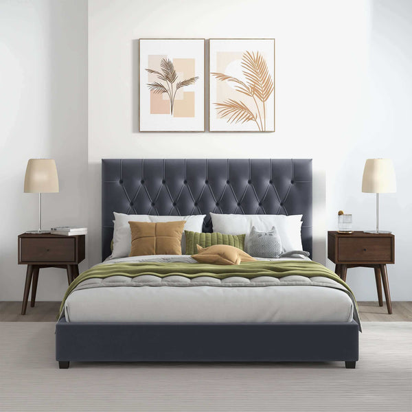 English Elm Ashcroft Furniture - Donald Mid Century Modern Grey Velvet King Bed – Luxurious Comfort & Timeless Design For Your Bedroom B183S00063