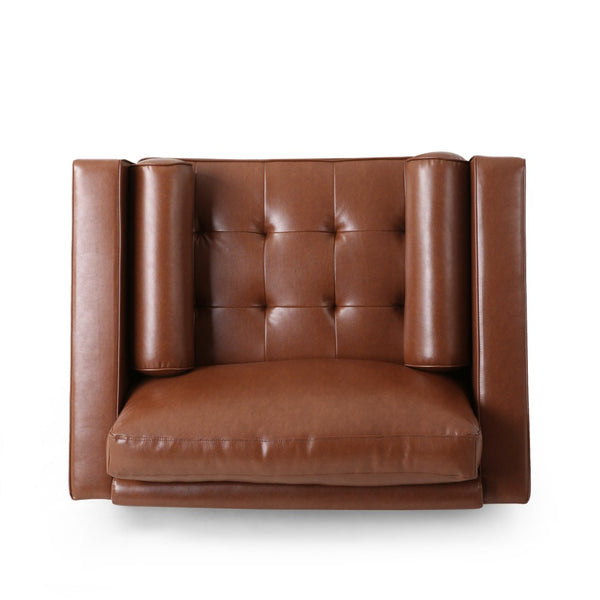 English Elm Club Chair Button Tufted Waffle Stitch Upholstery Birch Legs Mid Century Accent N776P389472C