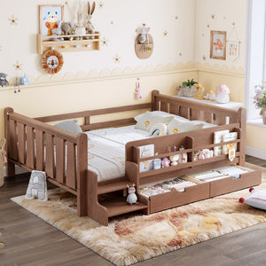 English Elm Twin Kids Platform Bed with Trundle Staircase Bookshelf and Rounded Safety Rails Natural W1580S00540