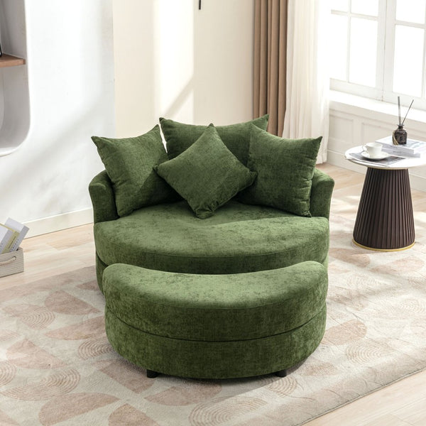 English Elm Orisfur. 360° Swivel Barrel Chair with Storage Ottoman, Plush Chenille, Pocket Spring Seat, 4 Pillows Green WF323718AAF