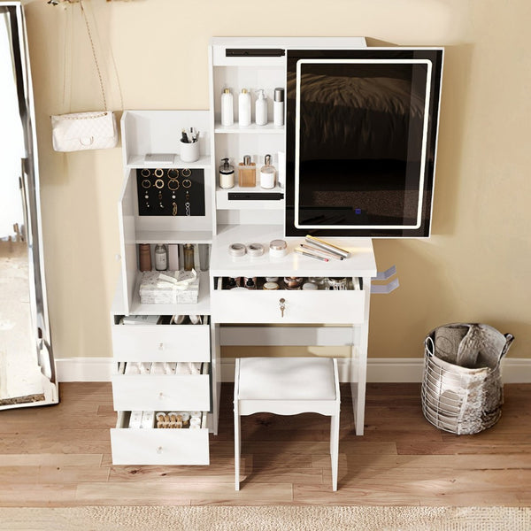English Elm Vanity Desk with Lighted Sliding Mirror Hidden Storage and Cushioned Stool White Bedroom W2700P369513