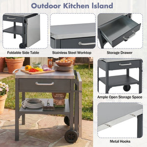 English Elm Outdoor Bbq Prep Cart Rolling Stainless Steel Grill Station with Foldable Work Surface Gray N719P407403E