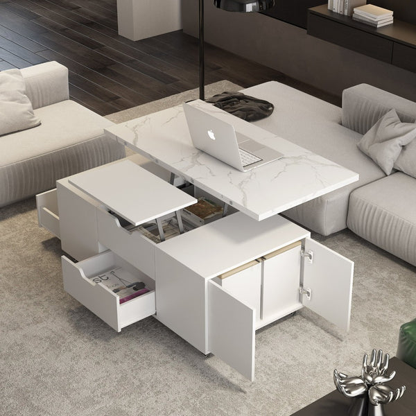 English Elm Modern Lift Top Coffee Table with Hidden Storage and Two Cushioned Stools Included W1321S00047