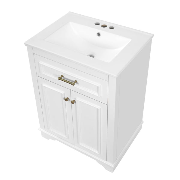 English Elm 24" Matte Single Sink Vanity Solid Poplar Frame Gold Hardware Soft Close Cabinet White N710P389449K