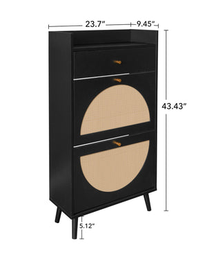 English Elm Rattan, Engineered Rattan 2-Door 1-Drawer Shoe Cabinet with Double Shelves and Pine Wood Feet Durable Finish Black W688141535