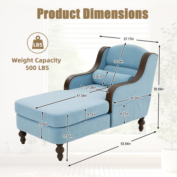 English Elm UNITED Oversized Chaise Lounge Sofa Bed with Solid Wood Arms, High-Resilience Foam, 800lb Capacity and Storage Pockets Light Blue W1568S00209