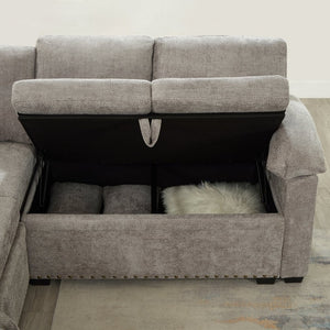 English Elm 97 Inch L-shaped Chenille Sectional Sofa with Sleeper Storage Ottoman 7 Seats Grey W1669S00018