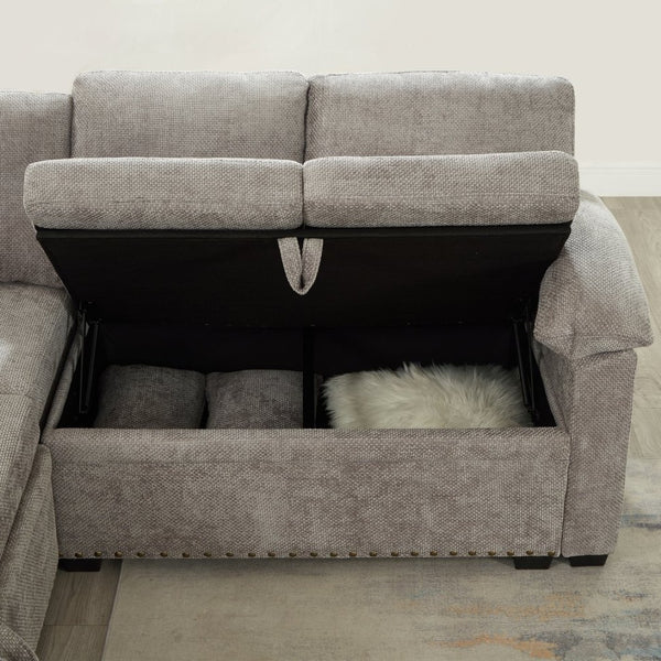 English Elm 97 Inch L-shaped Chenille Sectional Sofa with Sleeper Storage Ottoman 7 Seats Grey W1669S00018