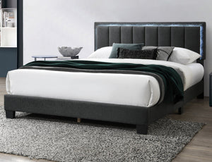English Elm 1pc Queen Size Bed Wool Upholstered Platform with Channel Tufted Headboard and Built‑In LED Lighting Charcoal 66 L x 29 W x 9 H B011P238968