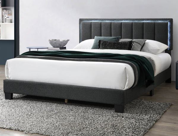 English Elm 1pc Queen Size Bed Wool Upholstered Platform with Channel Tufted Headboard and Built‑In LED Lighting Charcoal 66 L x 29 W x 9 H B011P238968