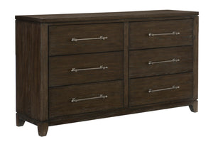English Elm Contemporary Ash Veneer Six Drawer Dresser Dark Brown Finish with Pewter Bar Pulls B011P208531