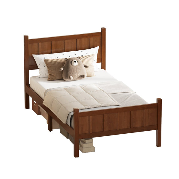 English Elm Twin Platform Bed Vertical Slat Headboard Farmhouse Shaker Wood Grain Finish Bedroom Dark Walnut N733P422478P