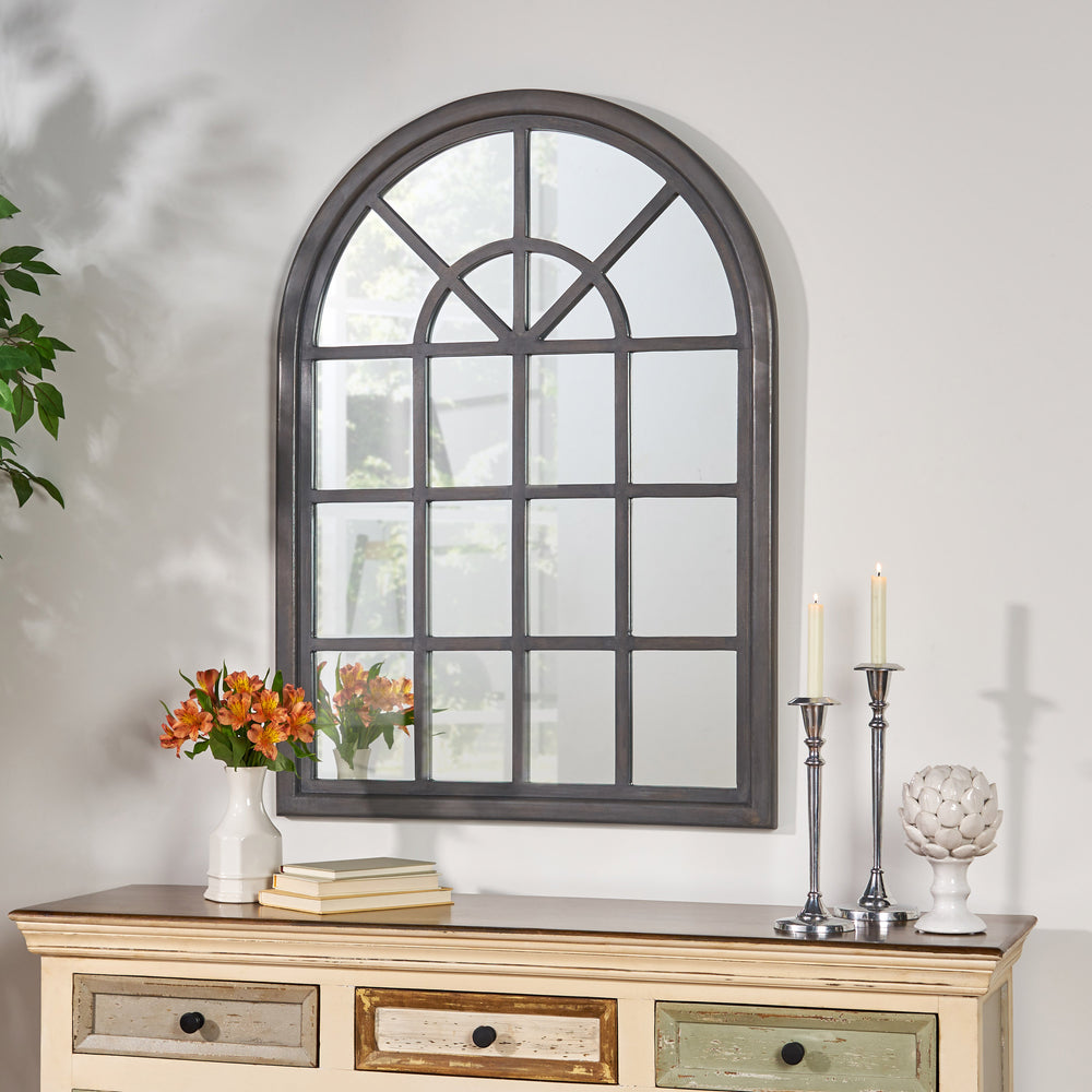 English Elm Christopher Knight Home® - ARCH Window Mirror Grey Wood 48.25x35 Decorative Arched Wall Accent with Rustic Farmhouse Charm and Depth 67057.00