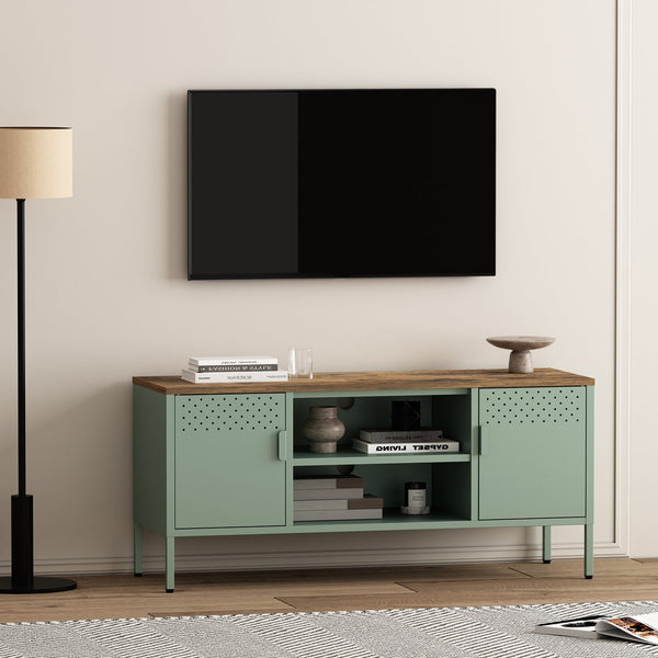 English Elm Landen 47" Metal Storage Cabinet with Wood Top and Cable Management — Sleek Industrial TV Console, Adjustable Legs Sage Green B365P397847
