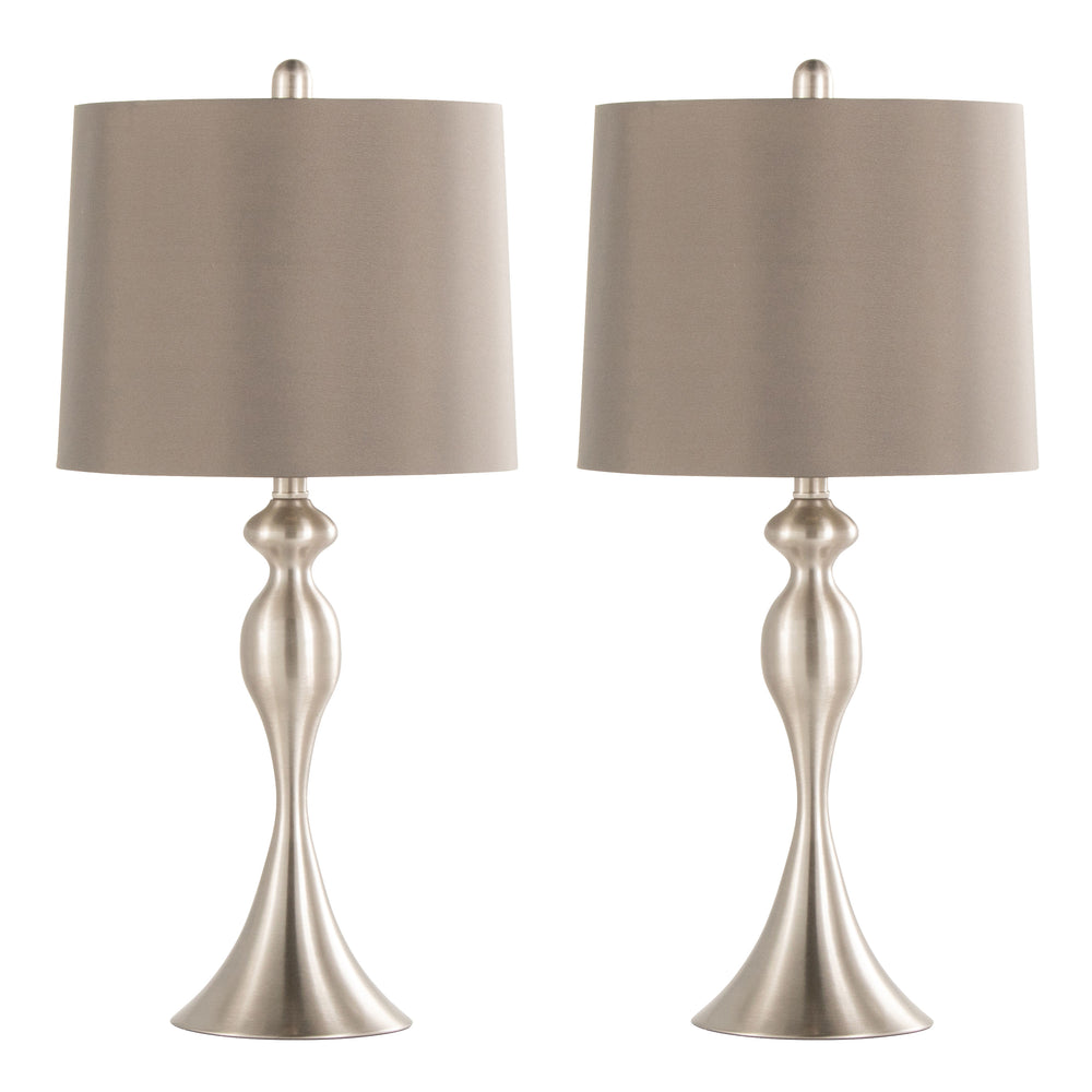 English Elm Ashland 27" Contemporary Metal Table Lamp Set of 2 in Brushed Nickel with Taupe Satin Shades, Elegant Decor B202P224089
