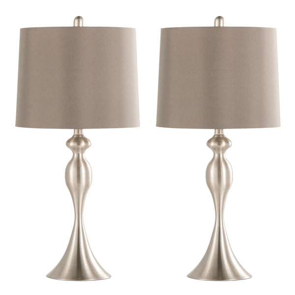 English Elm Ashland 27" Contemporary Metal Table Lamp Set of 2 in Brushed Nickel with Taupe Satin Shades, Elegant Decor B202P224089
