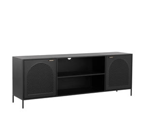 Sunpan Aziza Industrial Media Console with Brass Handles, Arched Perforated Design & Cord Management