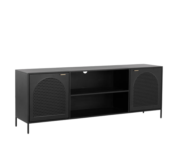 Sunpan Aziza Industrial Media Console with Brass Handles, Arched Perforated Design & Cord Management
